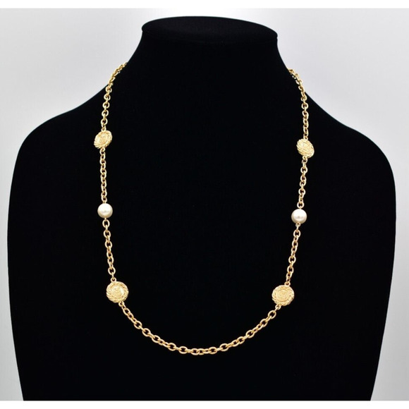 Givenchy Vintage Logo Coin Chain Necklace Station Pearl Gold Signed 1980s BinBJ